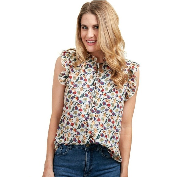 Floral Print Short Sleeve Button Up Blouse w Cap Sleeves Size Small - Hey Viv - Picture 1 of 4